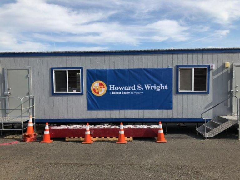 18 oz vinyl contractor banner on a jobsite trailer
