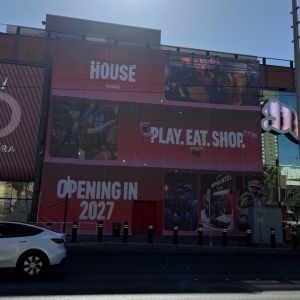 Full-color Netflix House Vegas building wrap announcing Opening in 2027
